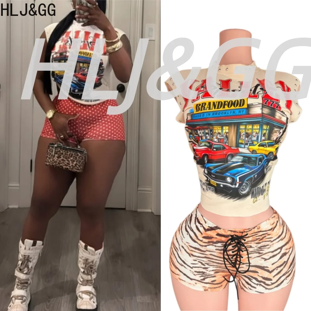HLJ&GG Trend Y2K Tiger Bandage Shorts Conjuntos de dos piezas para mujer, Top sin mangas con letras y pantalones cortos, conjuntos de moda de 2 piezas, ropa de calle