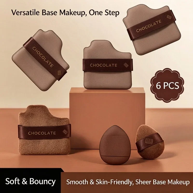 6pcs Chocolate Powder Puff Set Sponge Dry Wet Dual Use Leather Velvet Multi Purpose Long Lasting No Powder Eating Cushion