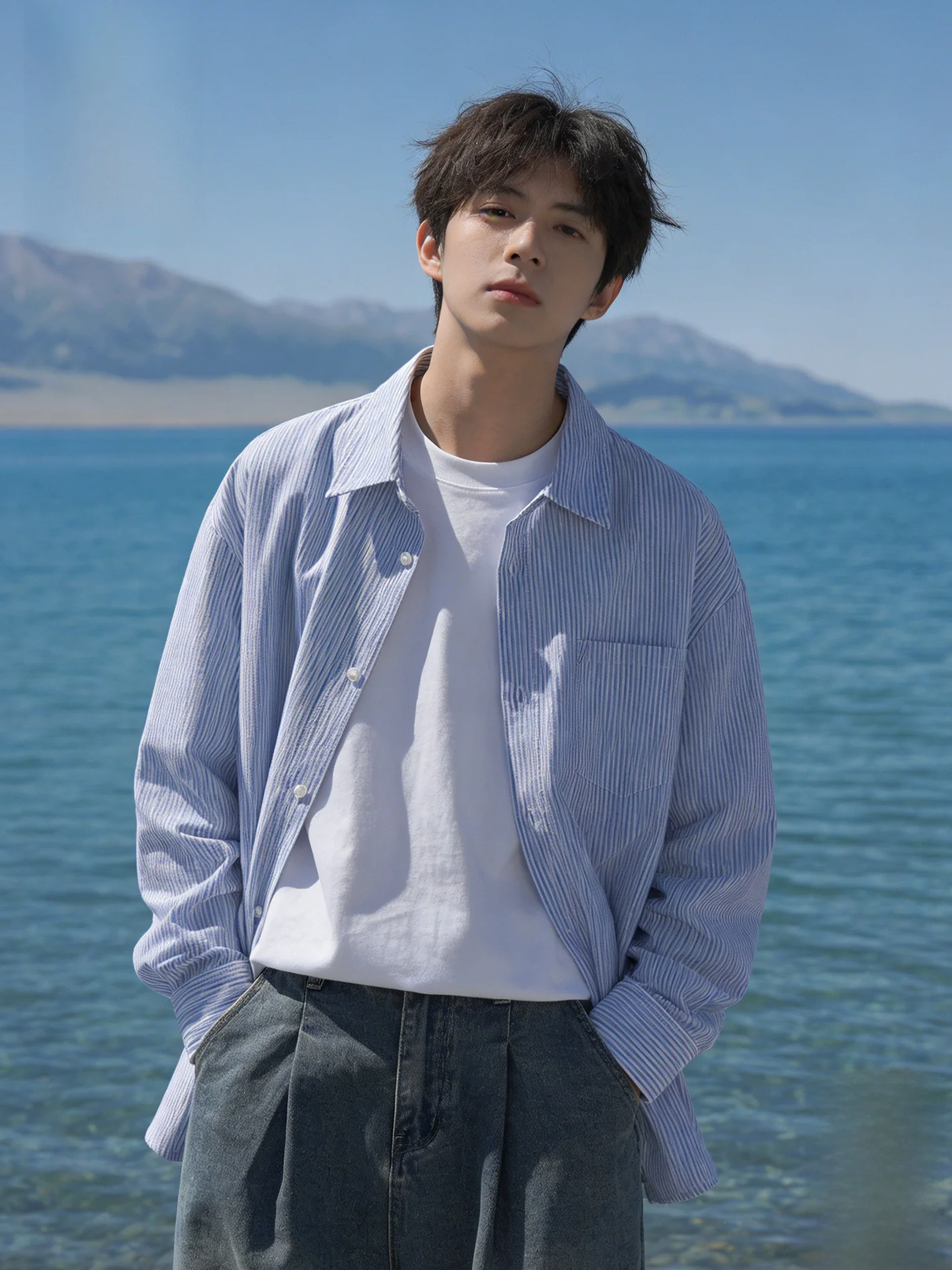 

Men's Loose Striped Long Sve irt Spring Casual Sle Inner Wear Layering Outer Coat Blue White Stripes