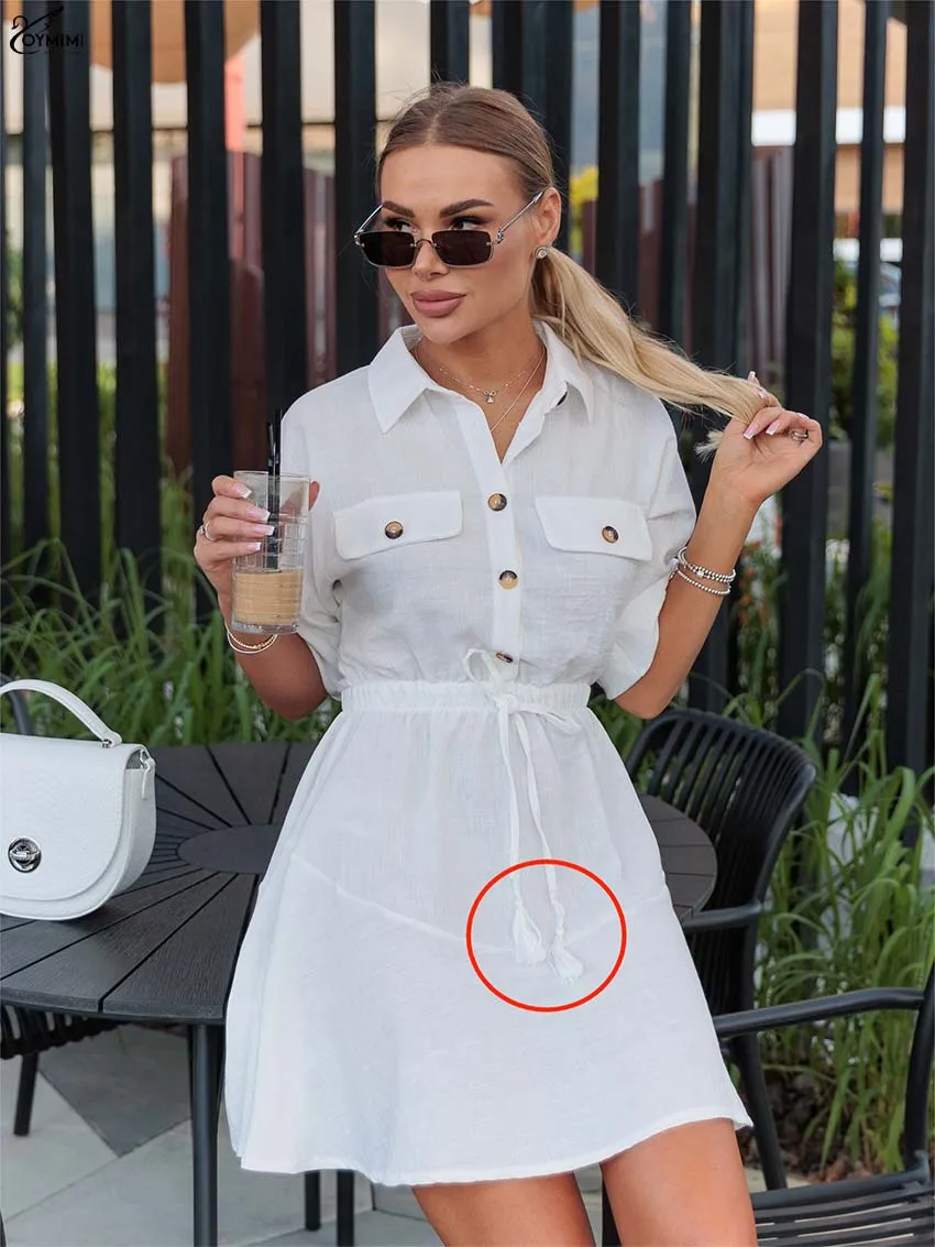 โอ้ยมิมิชุดเดรสผ้าฝ้ายสีขาวหรูหราสำหรับผู้หญิงแฟชั่นกระเป๋าครึ่งแขนเดรสผูกเชือกฤดูใบไม้ร่วงชุดมินิเดรสเอวสูงสตรีทแวร์
