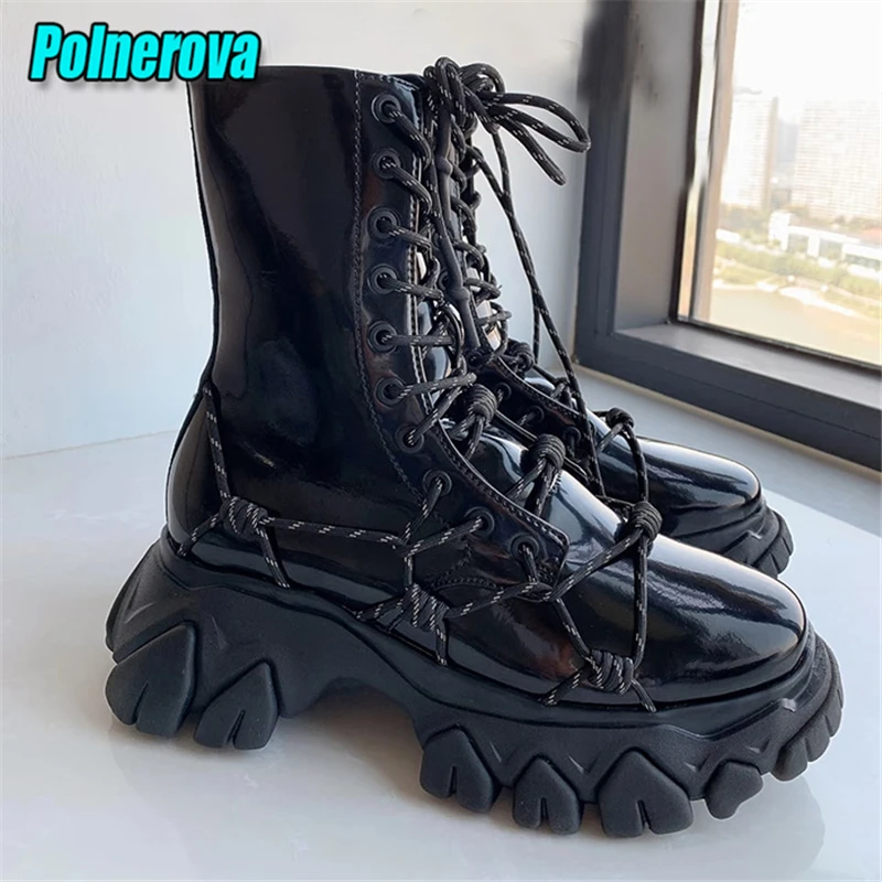 Black Patent Leather Thick Soled Motorcycle Boots Street Style Fashion Trend Cross Strap Lace Up Short Boots Women Casual Shoes