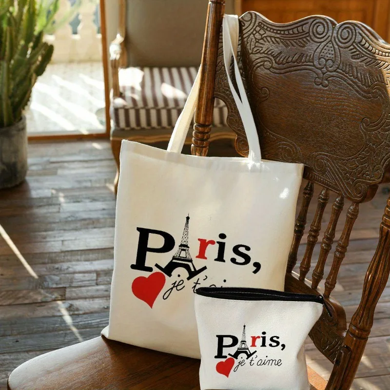 2 Pcs Letter Print Canvas Tote Bag Reusable Shoulder Bags with Cosmetic Pencil Zipper Perfect for Gift School Shopping Handbag