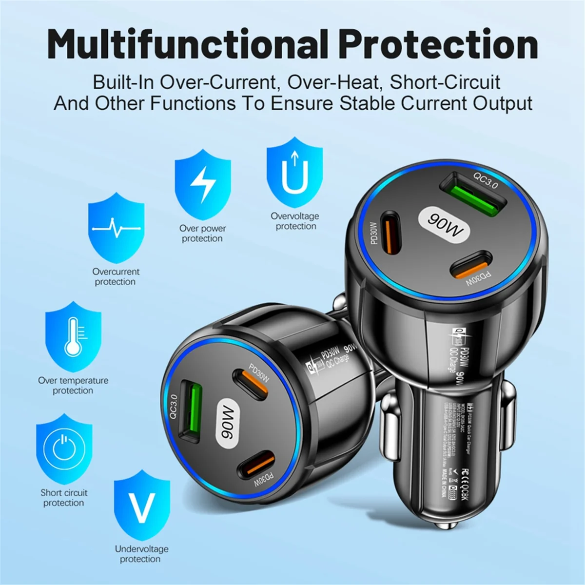 Cargador de coche USB tipo C de 90W, adaptador de corriente de carga rápida 3,0 para IPhone 14, 13, 12, Xiaomi 13, Samsung