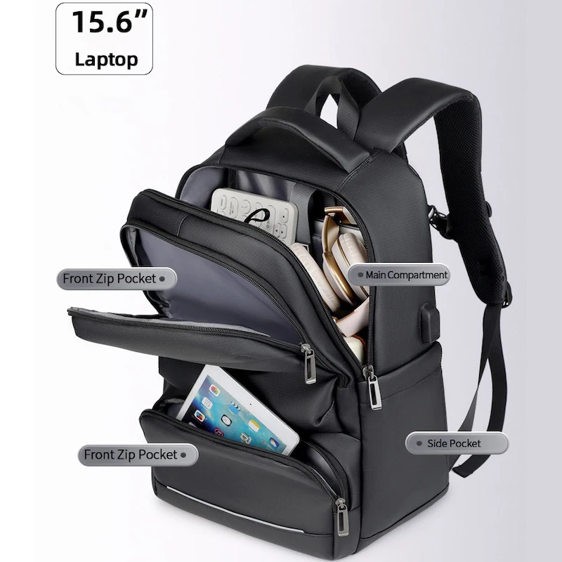 Large Capacity Men's Laptop Backpack Waterproof Fabric Three Layer Compartments USB Charging Port Business Teenager School Bag