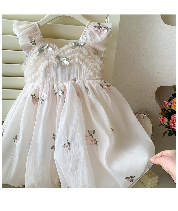 

Kid Girl Cute Light Color Embroidered Dress for Children Flutter Sleeves Gold Bow Accents Pink Floral Embroidery Elegant Skirt