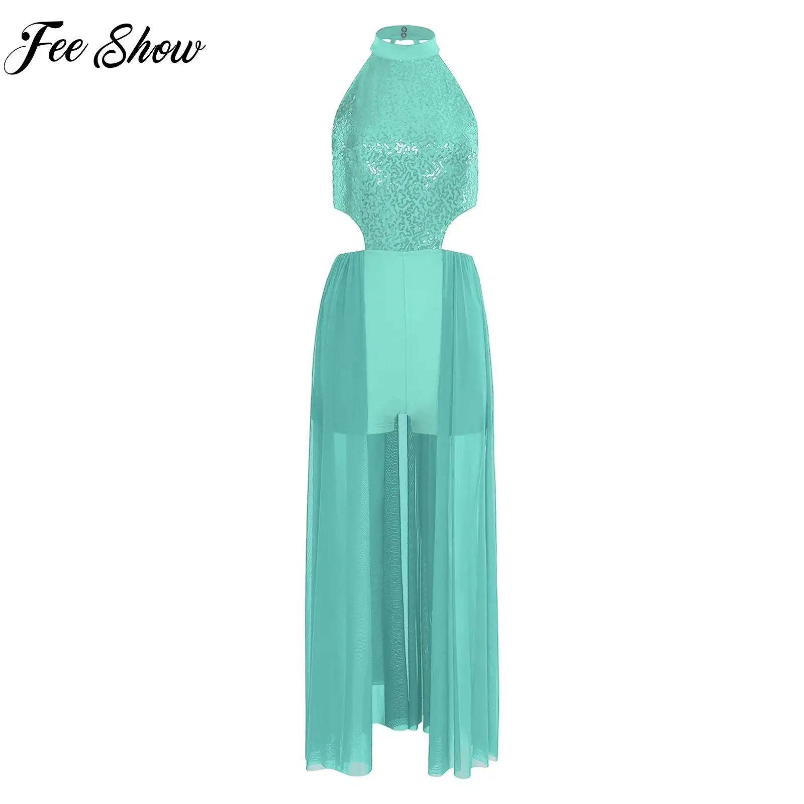 

Блестящее платье с пайетками для лирического и современного танца, женский костюм для гимнастики и сценических выступлений, длинное платье макси с открытой спиной, танцевальная одежда