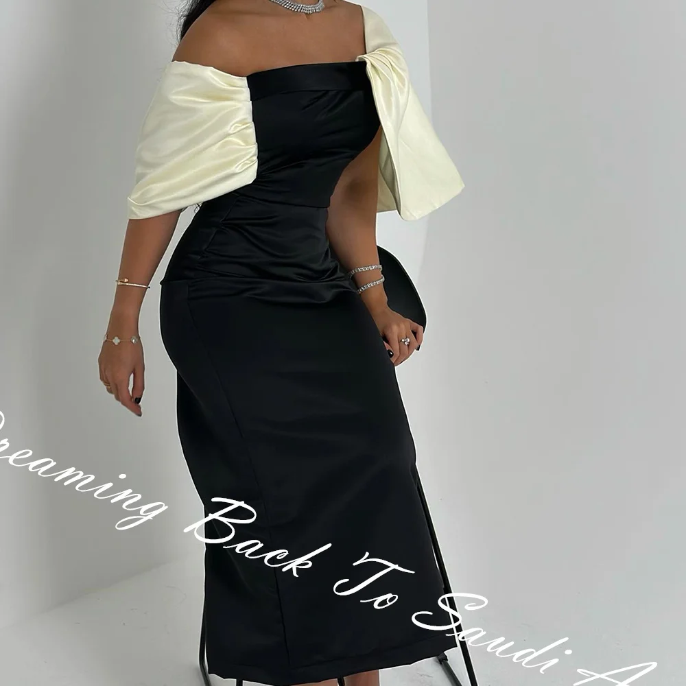 CustomizedClassic Contrast Color Pleat Boat Neck Ankle Length Straight Платье Вечернее Satin Off The Shoulder Girdling Vestidos