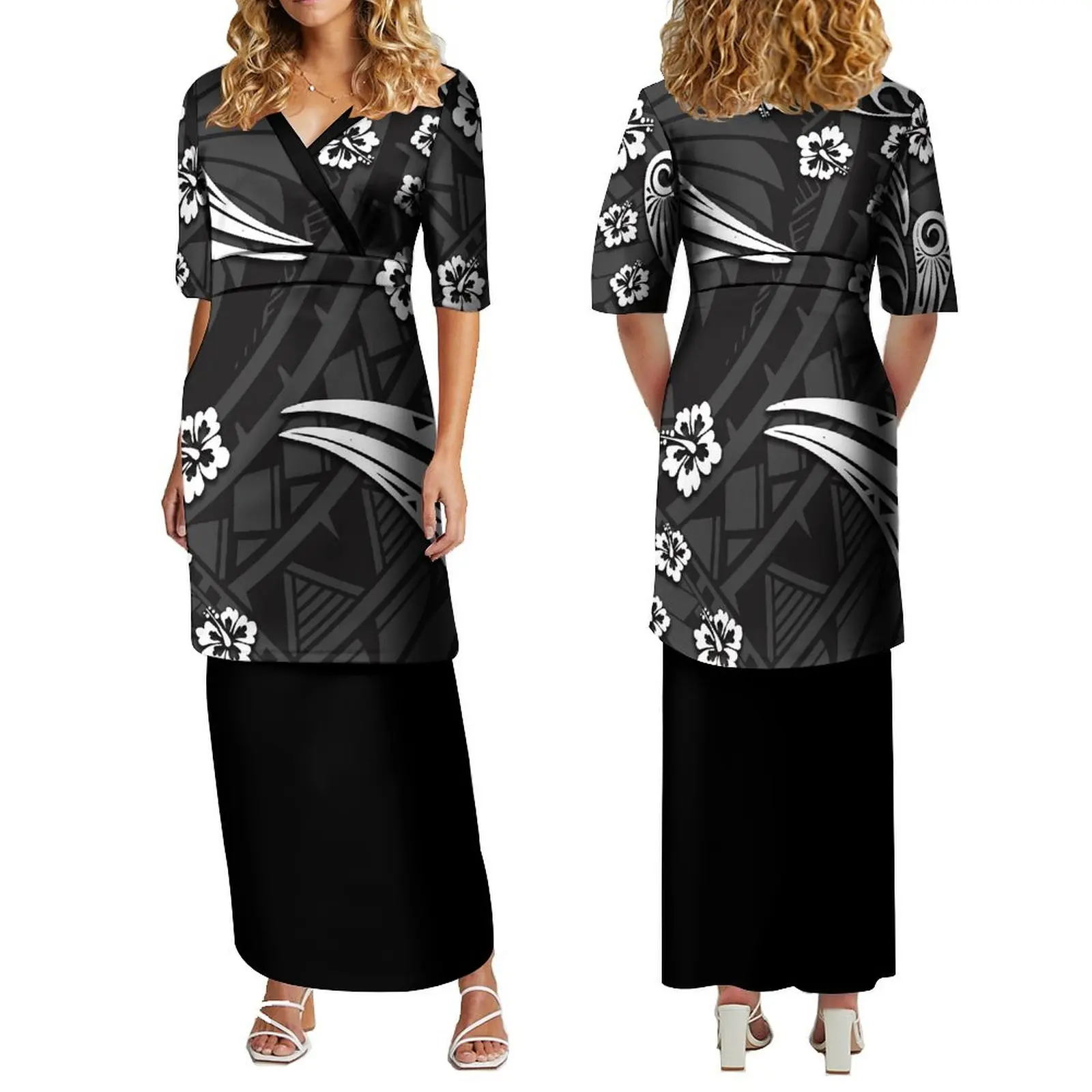 Polynesian V-Neck Summer Short Sleeved Elegant Maxi Top And Skirt Samoan Fijian Style Island Clothing And Ankle Maxi Skirt