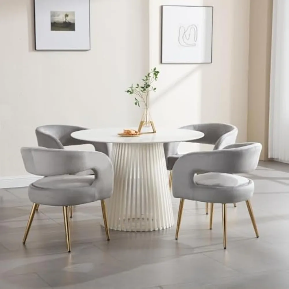 

Серые мягкие обеденные стулья, набор из 4 шт., роскошные бархатные стулья для столовой с золотыми металлическими ножками, изогнутая спинка, современный удобный бочонок A