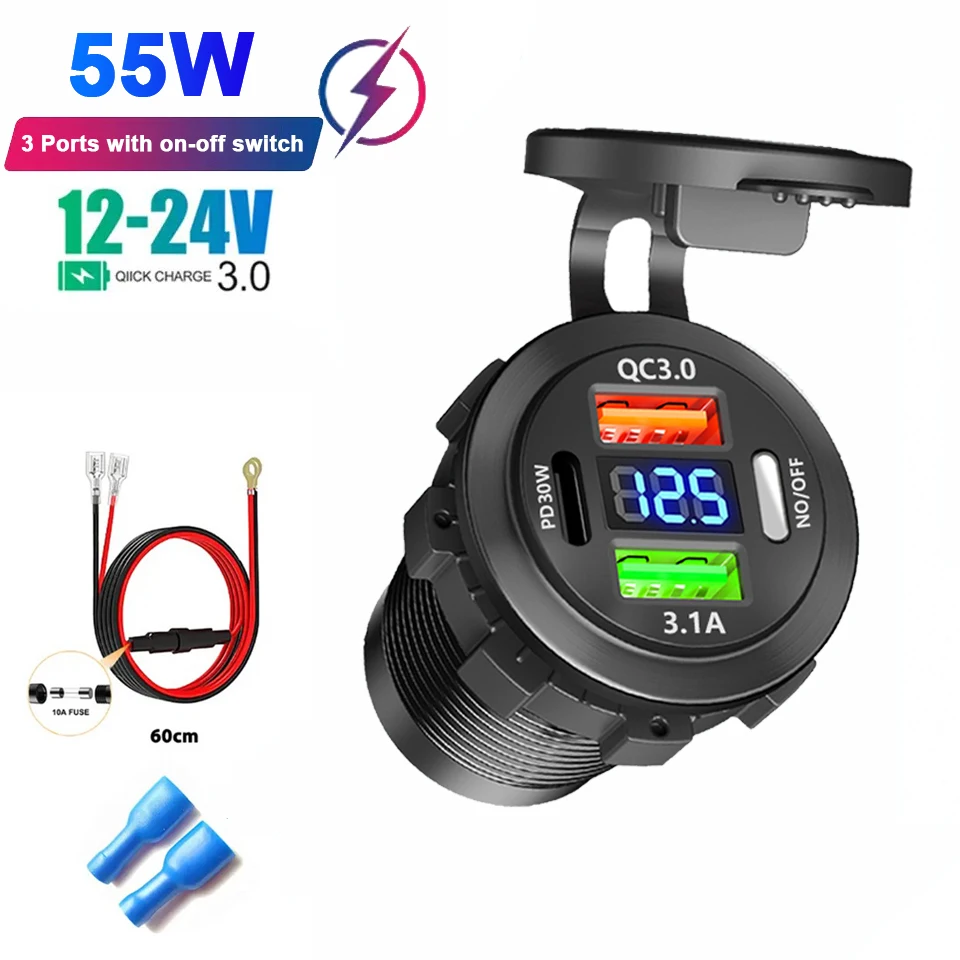 Autolader Socket Dual Type-C & Dual USB 4 Poorten Snel Opladen Socket Waterdicht met Voltmeter 12 V/24 V Voor Auto Boot Motor