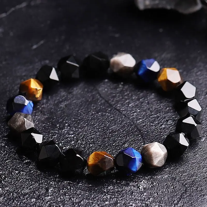 

High-Grade Facet Diamond Yaoshi Black Horse Nao Blue Stripe Tiger Eye Mixed Wear Men's Trendy Cool Bracelet Handstring