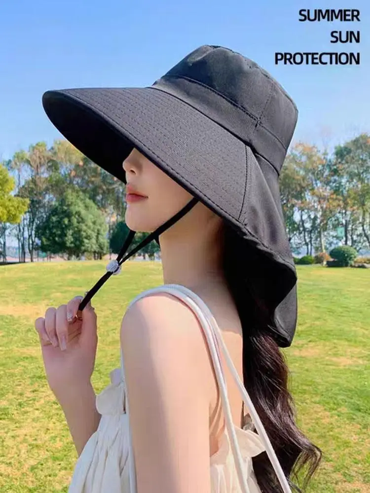 Shawl Sunscreen Cap Ponytail Travel Fisherman Hat Wide Brim Sun Hat with Neck Flap Outdoor UV Anti Neck Protection Sun Visors