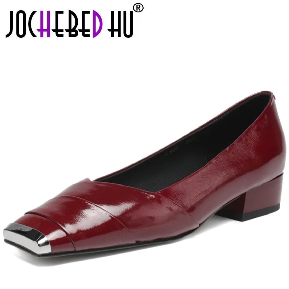 

【JOCHEBED HU】Comfortable Lamb Skin Slip-On Work Shoes for Women Retro Mid Heel Square Toe Commute Friendly Single Shoes 34-40