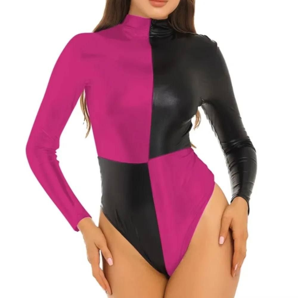 Body de talla grande para mujer, monos de manga larga de corte alto, monos sexis de retazos, trajes de Club de una pieza Sissy 8XL