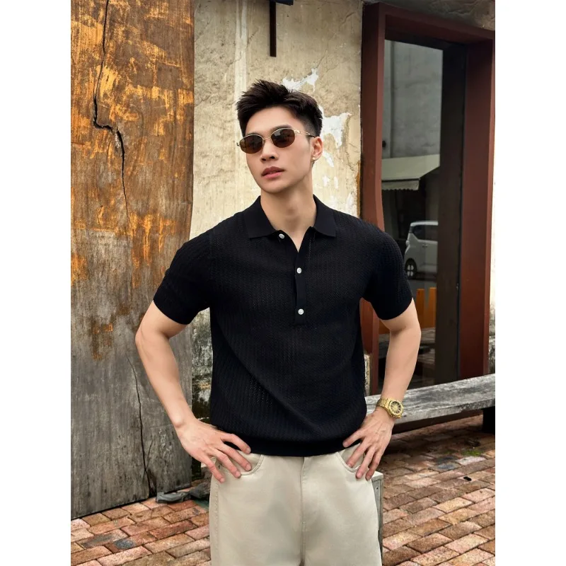Men's Summer Striped Knit Polo Shirt, Breathable Casual All-Match Short Sleeve Top, Stylish Comfortable Knit Sweater