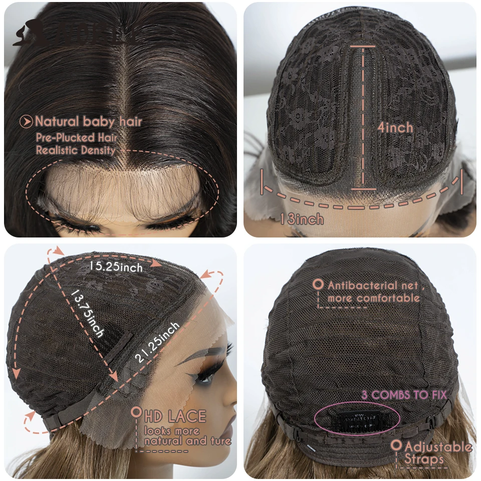 Edle synthetische Lace-Front-Perücke, Body-Wave-Perücke, 14 Zoll, mit Mittelscheitel, Lace-Perücken für Damen, Lace-Front-Perücke, Ombré-Blond, goldene Perücke. – Detail 12