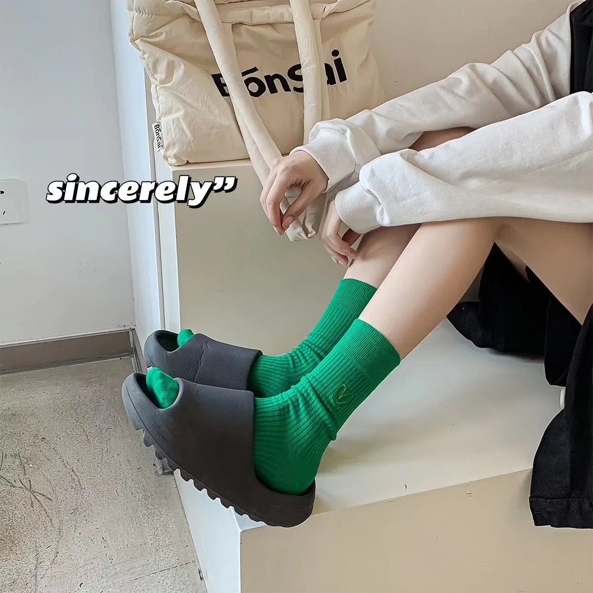 Socks Female Spring and Autumn Ins Fashion Solid Color Heavy Industry Love Embroidery Stacked Socks Mid Tube Sports Socks