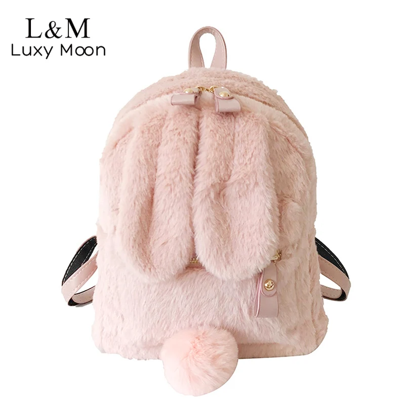 Cute Flannel Rabbit Backpack Women Small Soft Faux Fur Daypack Teenage Girls Kawaii Rucksack Easter Gift Bunny Ears Bag XA566H