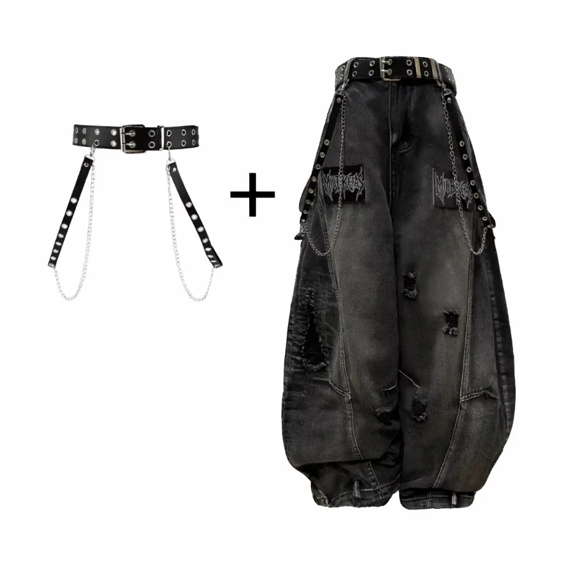 MWJLPWQ Punk-Style Distressed Ripped Denim Wide-Leg Trousers Metal Chain Decoration High Street Style Loose Work Pants 20254