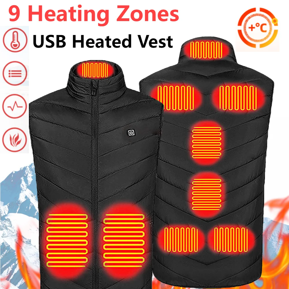

Heated Vest Men 9 Heating Zones USB Electric Self Heating Vest Women Rechargeable Heated Jacket Thermal Hunting Heated Clothes