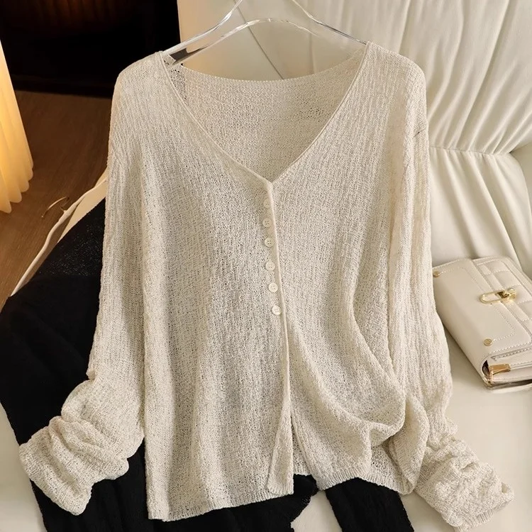 

Новый модный дизайн в корейском стиле: летний блестящий шелковый вязаный кардиган с V-образным вырезом, свободный крой, защита от солнца, женский топ