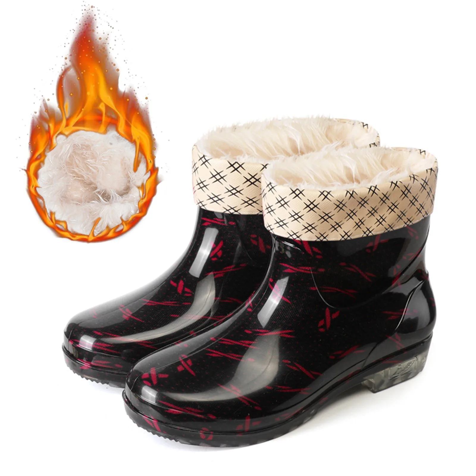 Bottes de pluie coordonnantes en velours pour femmes, tube court, tissu cristal, chaussures en caoutchouc à la mode, talon de MSI d'eau court