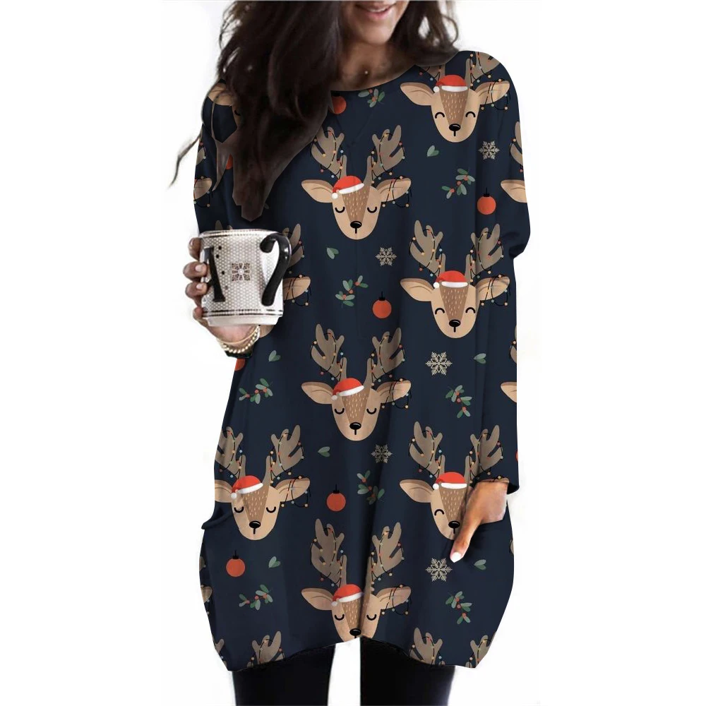 Women's plus size Christmas casual round neck pocket T-shirt, color blocked reindeer print micro elastic long sleeved T-shirt