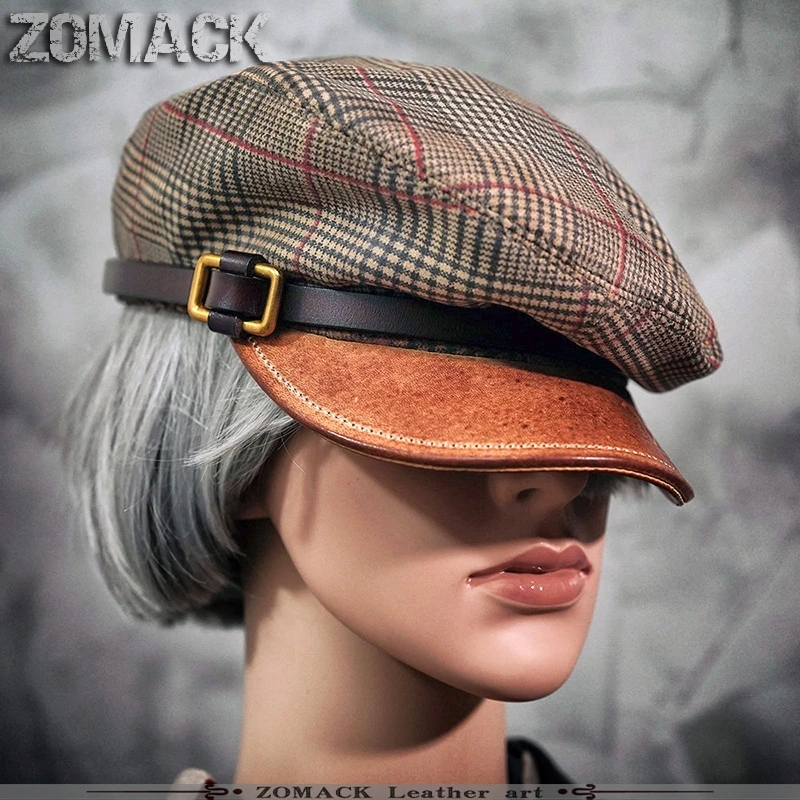 Ręcznie Robiona Czapka z Daszkiem Modna Krata Damska Kolorowy Malarz Gazeciarz Beret Damski Skórzany Ośmiokątny Brytyjski Retro Męski