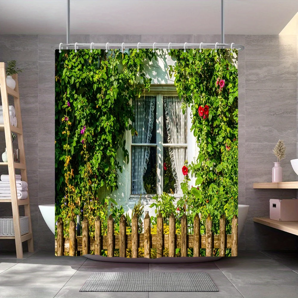 

Занавеска для душа Rustic Stone Cottage & Red Geraniums — деревенский дизайн 70x70 дюймов, полиэстер