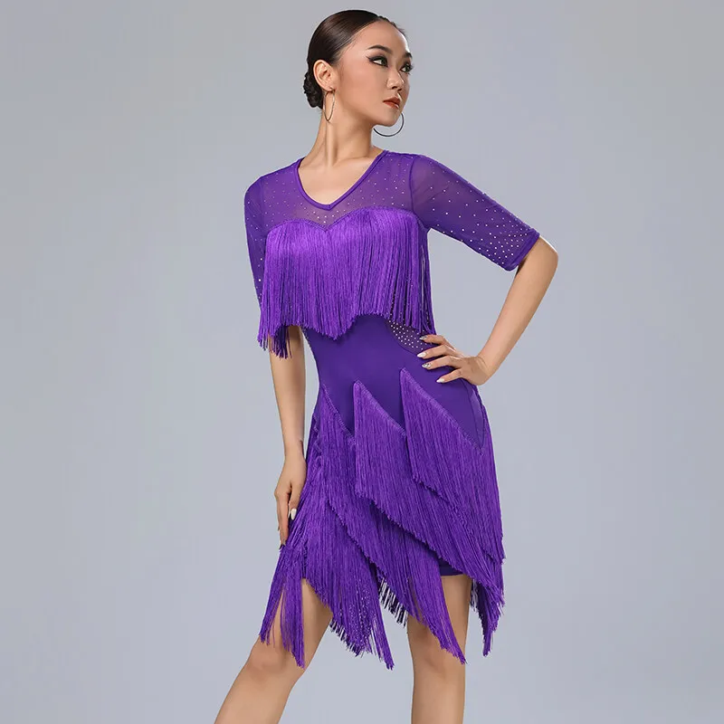 Latin Dance Clothing Women Milk Silk Half-Length Sleeves Hot Diamond Multi-Layer Tassels