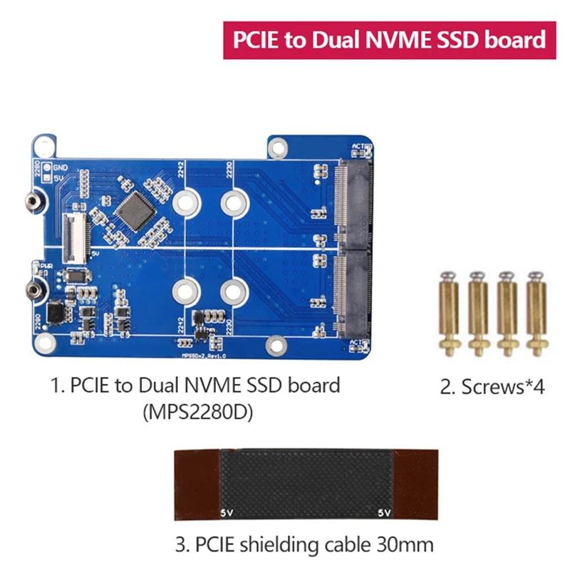 MPS2280D For Raspberry Pi 5 PCIE To M.2 Dual NVME SSD HAT Support 2280/2242/2230 SSD Blue PCB Computer Accessories