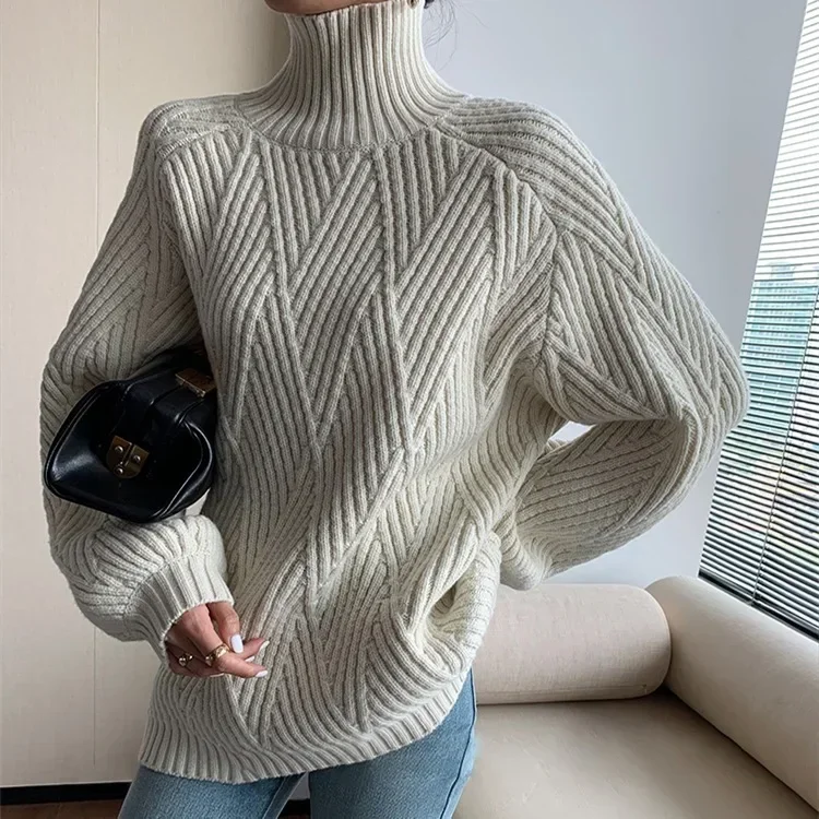 Geometry Sweater Turtleneck Oversized Women Warm Winter Knitted Jumper Female Casual Loose Long Sleeve Elegant Top Streetwear