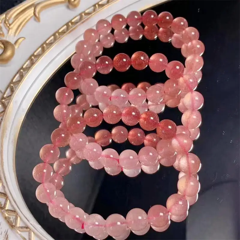 10MM Natural Strawberry Quartz Bracelet Women Fashion Round Stone Elegant Healing Strand Bangles Wristband Gift 1PCS