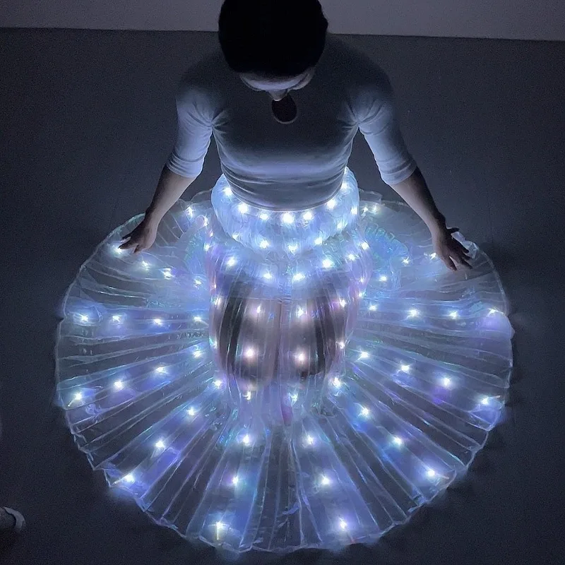 LED Light Up Skirt for Belly Dance Rechargeable Flowing Stage Costume for Bars Adult Dance Wear Professional Performance Skirt
