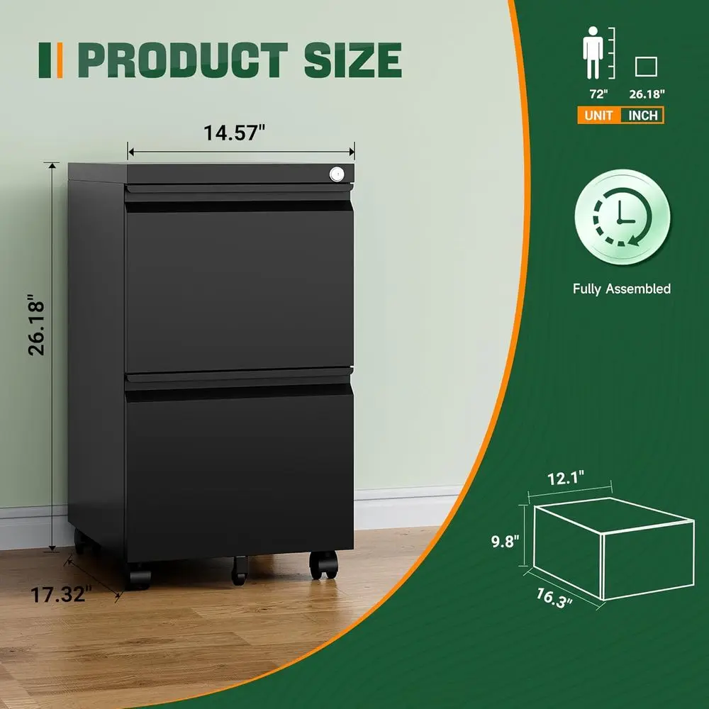 Mobile Cabinet with Lock, 2 Drawer Under Desk Metal Rolling Filing Cabinet Home Office Organizer Letters/Legal/A4 Fully Assemble