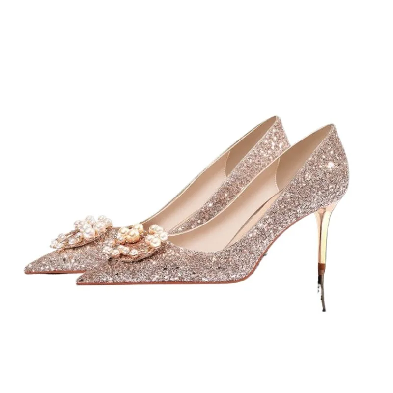 Shiny Women's Pointed Toe Wedding High Heels Spring New Pearl Decorateion Ladies Banquet Fashionable Woman