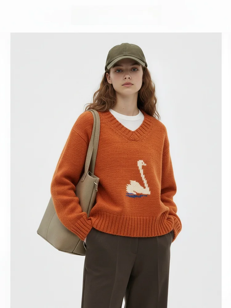 

ACOUSOTG Vintage Lazy Style Fun Swan Knitwear V-neck Women's Design Sensation Small Audience Long Sleeve Wool Blend Sweater