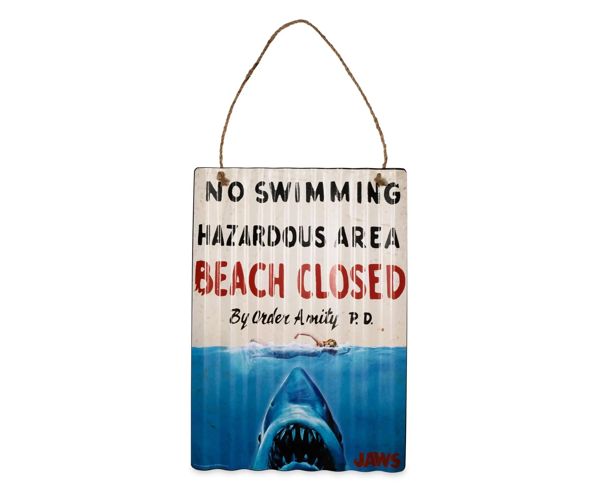 Jaws Beach Closed Corrugated Tin Sign Hanging Wall Art | Steven Spielberg Classic Gifts and Collectibles | 12 x 16 Inches