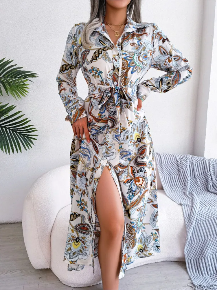 

Retro Floral Lapel Tie Shirt Long Skirt Women's Spring And Summer Personality Street Temperament Elegant Mid-waist Dresses