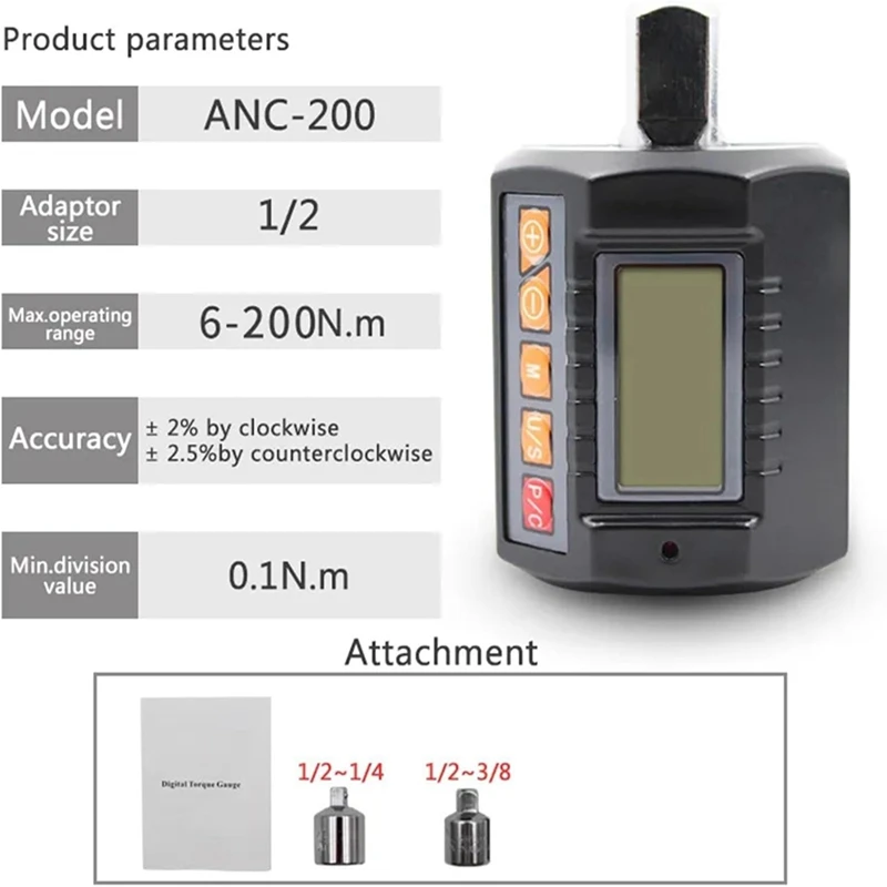 1/2‘’Drive Industrial Large Screen Digital Torque Adapter Special Torque Gauge Maintenance Instrument for Accurate Detection