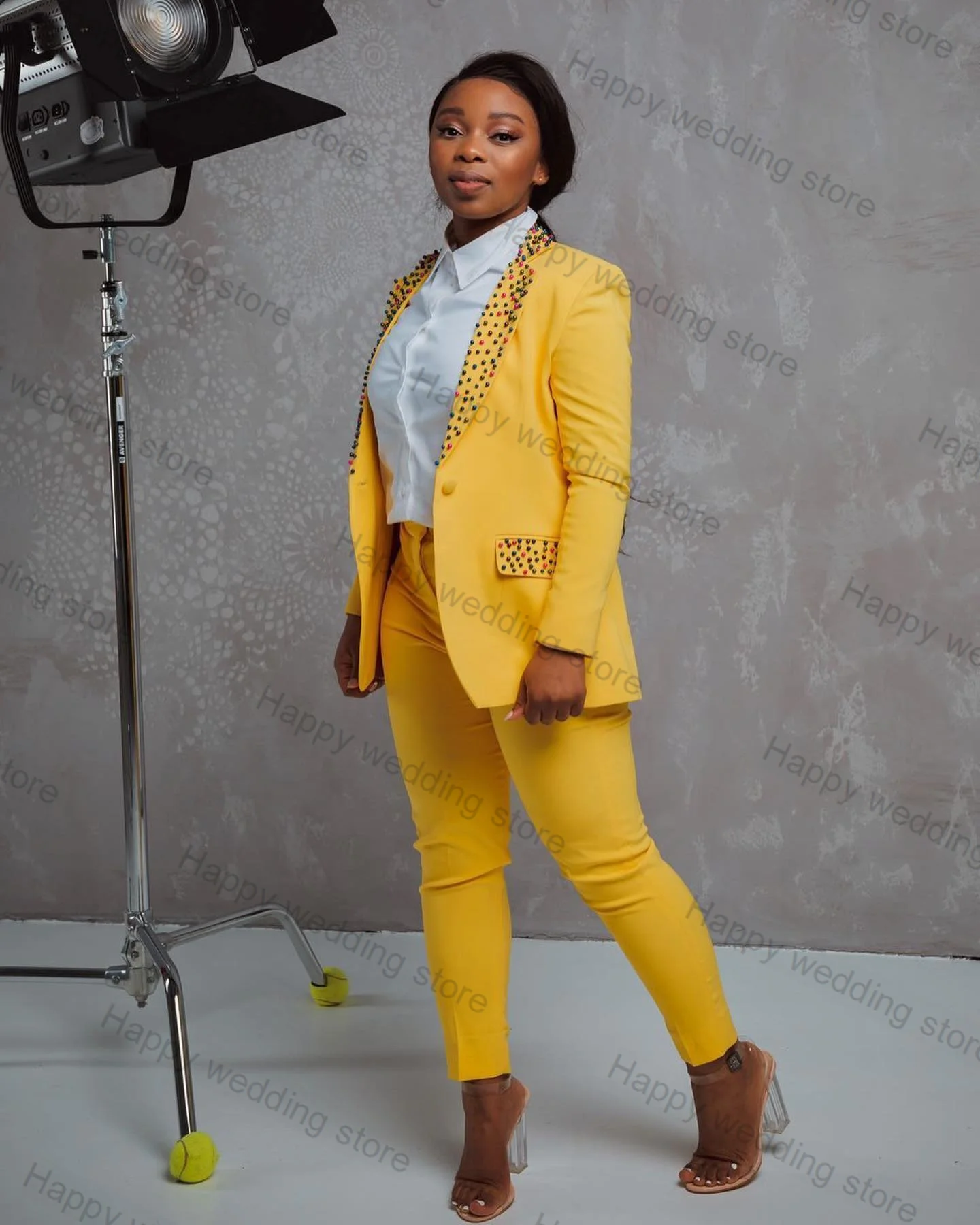 Pearls Beaded Women Suit Pants Set 2 Piece Yellow Blazer+ Trousers Cotton Yellow Formal Office Lady Wedding Tuxedo Tailored Made