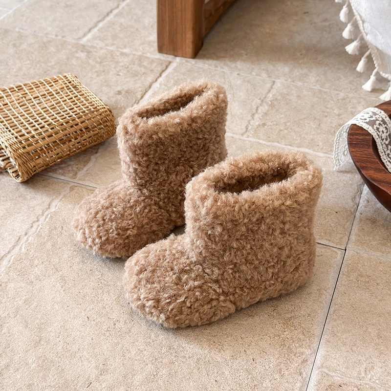 Little Kids Curly Fuzzy Plush Winter Boots, Slip‑On Warm Fluffy Non‑Slip Flat Short Boots
