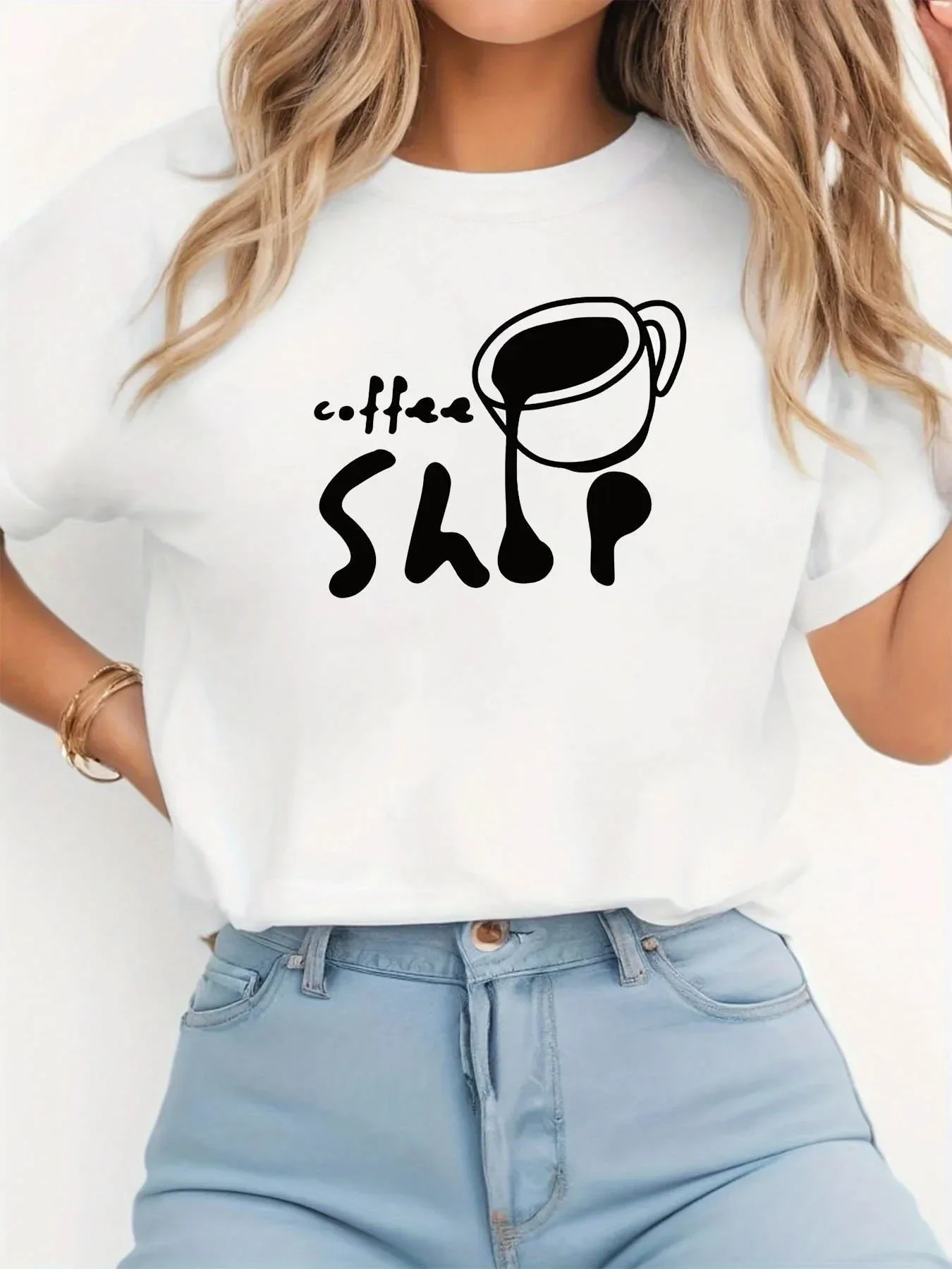 Women's Coffee Graphic Short Sleeve Crew Neck Blouse Top with Coffee Bean Print Suitable for Coffee Lovers Spring Summer Attire
