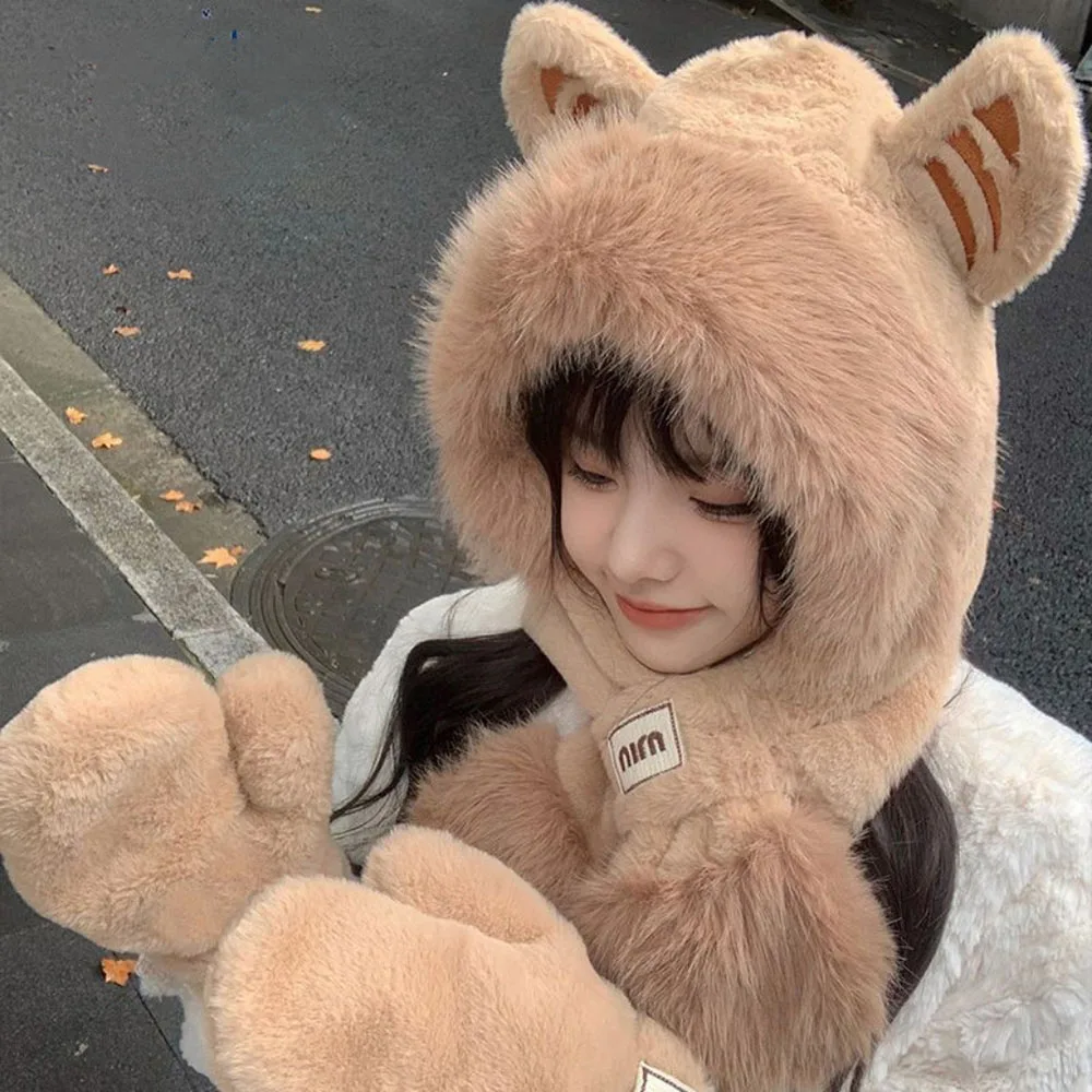 Orelhas de tigre cachecol peludo grosso com capuz e chapéu para mulheres, gorro de pelúcia fofo, cachecóis aquecedor de pescoço, conjunto de 2 peças, inverno