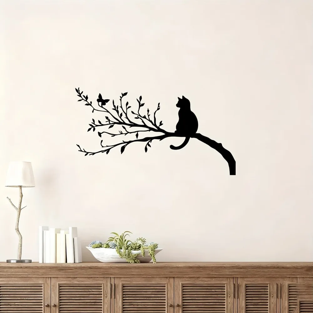 1 Stück Metall-Wandkunst Katze Schmetterling Ast Pulverbeschichtet Elegante Skulptur Wohnzimmer Jubiläumsgeschenk Haustier Natur