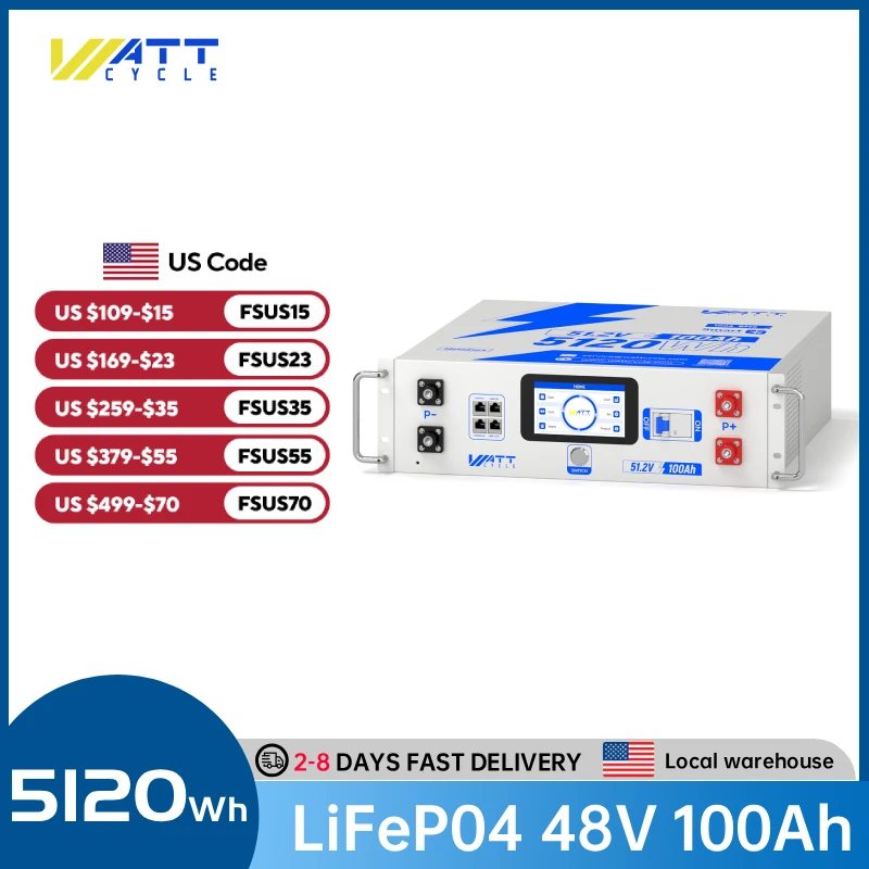 Wattcycle 48V 100Ah Lithium LiFePO4 Battery Server Rack Battery 3U Size Bluetooth Monitoring, 5120Wh, Built-in 100A BMS, for Solar Energy Storage, Off-Grid System, RV, Server Rack