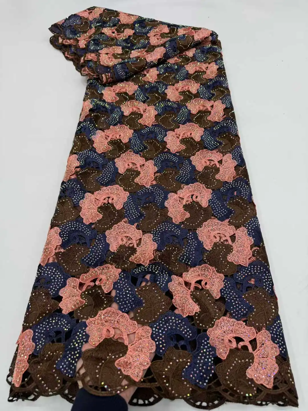 5 Yards Nigerian Guipure Cord Lace Fabric 2025 High Quality 3D Stones African Mesh Milk Silk Embroidery Lace Fabric Women