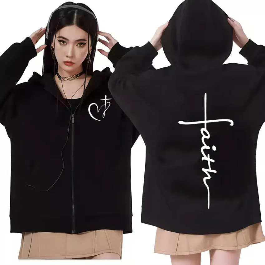 

Heart Cross Christian Jesus Faith Over Fear Bible Verse Zipper Hoodies Mens Y2k Clothes Harajuku Pop Oversized Loose Sweatshirts
