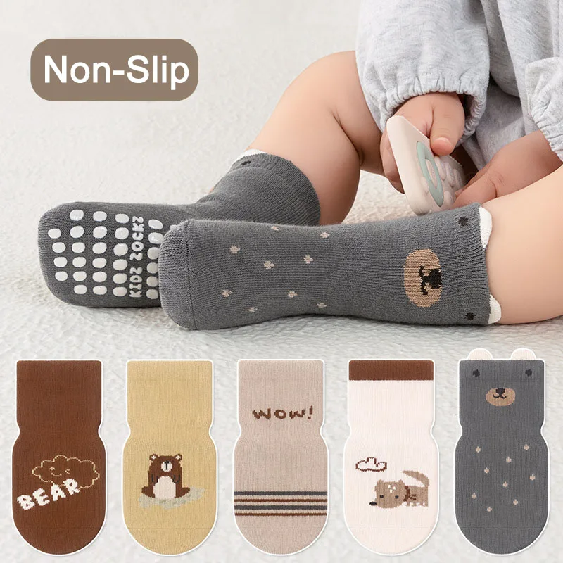 5 Pairs Kids Non-slip Socks Cotton Boys and Girls Cute Cartoon Patterned Comfy Breathable Baby Toddler Floor Socks