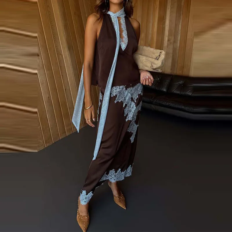 مثير الدانتيل والتطريز الربط تنورة الزي أنيقة الخامس الرقبة الدانتيل متابعة القمم وتنورة طويلة المرأة دعوى عادية أكمام الصلبة الساتان مجموعة #1